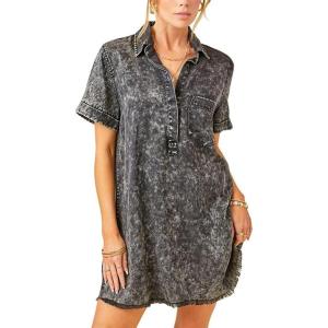 imagechouyatou Womens Short Cuffed Sleeve Washed Denim Dress Loose VNeck Collared Mini Jean Shirt DressBlack