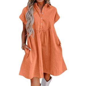 imagechouyatou Womens Summer Button Down Shirt Dress Casual VNeck Pleated Cotton Short Tunic DressOrange