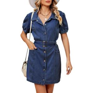 imagechouyatou Womens Summer Casual Short Puff Sleeve Denim Dress Button Down Tie Waist Mini Jean DressDark Blue