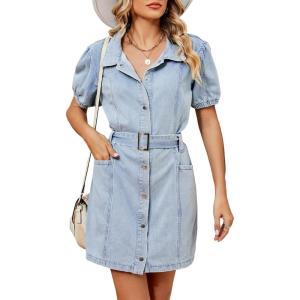 imagechouyatou Womens Summer Casual Short Puff Sleeve Denim Dress Button Down Tie Waist Mini Jean DressLight Blue