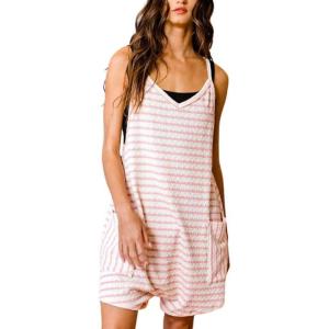 imagechouyatou Womens Summer Knitted Short Overalls Striped Romper Shorts Loose Casual Loungewear with PocketsPink