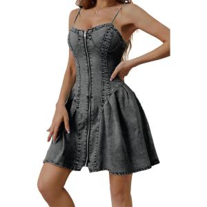 imagechouyatou Womens Summer Spaghetti Strap Mini Denim Dress Sleeveless Party Club Dress Jean SundressBlack