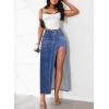 imageWomens Casual High Waist Split Thigh Jean Skirt A Line Long Maxi Slim Denim SkirtDark Blue