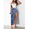 imageWomens Casual High Waist Split Thigh Jean Skirt A Line Long Maxi Slim Denim SkirtFloral Dark Blue