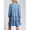 imagechouyatou Women Casual Notch Neck Tiered Babydoll Denim Dress Ruched ALine Long Sleeve Jean Tunic DressBlue