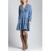 imagechouyatou Women Casual Notch Neck Tiered Babydoll Denim Dress Ruched ALine Long Sleeve Jean Tunic DressBlue