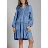 imagechouyatou Women Casual Notch Neck Tiered Babydoll Denim Dress Ruched ALine Long Sleeve Jean Tunic DressBlue