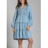 imagechouyatou Women Casual Notch Neck Tiered Babydoll Denim Dress Ruched ALine Long Sleeve Jean Tunic DressLight Blue