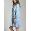 imagechouyatou Women Casual Notch Neck Tiered Babydoll Denim Dress Ruched ALine Long Sleeve Jean Tunic DressLight Blue