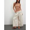 imagechouyatou Womens Boyfriend Baggy Jeans Flare Wide Leg Denim Pants Elastic Waist Button Pleated Capri Culotte JeansBeige White