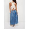 imagechouyatou Womens Boyfriend Baggy Jeans Flare Wide Leg Denim Pants Elastic Waist Button Pleated Capri Culotte JeansDark Blue
