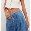 imagechouyatou Womens Boyfriend Baggy Jeans Flare Wide Leg Denim Pants Elastic Waist Button Pleated Capri Culotte JeansDark Blue