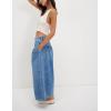 imagechouyatou Womens Boyfriend Baggy Jeans Flare Wide Leg Denim Pants Elastic Waist Button Pleated Capri Culotte JeansDark Blue