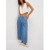 imagechouyatou Womens Boyfriend Baggy Jeans Flare Wide Leg Denim Pants Elastic Waist Button Pleated Capri Culotte JeansDark Blue