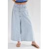 imagechouyatou Womens Boyfriend Baggy Jeans Flare Wide Leg Denim Pants Elastic Waist Button Pleated Capri Culotte JeansLight Blue