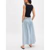 imagechouyatou Womens Boyfriend Baggy Jeans Flare Wide Leg Denim Pants Elastic Waist Button Pleated Capri Culotte JeansLight Blue