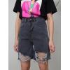 imagechouyatou Womens Distressed Jean Shorts Frayed Ripped Y2K Raw Hem Five Points Bermuda Denim ShortsBlack Grey