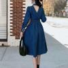 imagechouyatou Womens Elegant Notch Lapel Denim Dress Smocked Backless Midi Jean Shirt Dress with PocketsDark Blue