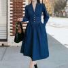 imagechouyatou Womens Elegant Notch Lapel Denim Dress Smocked Backless Midi Jean Shirt Dress with PocketsDark Blue