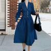 imagechouyatou Womens Elegant Notch Lapel Denim Dress Smocked Backless Midi Jean Shirt Dress with PocketsDark Blue