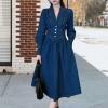 imagechouyatou Womens Elegant Notch Lapel Denim Dress Smocked Backless Midi Jean Shirt Dress with PocketsDark Blue