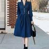 imagechouyatou Womens Elegant Notch Lapel Denim Dress Smocked Backless Midi Jean Shirt Dress with PocketsDark Blue