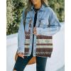 imagechouyatou Womens Ethnic Aztec Geometric Pattern Frayed Denim Jean Jacket ShacketsDark Red