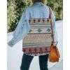 imagechouyatou Womens Ethnic Aztec Geometric Pattern Frayed Denim Jean Jacket ShacketsGreen
