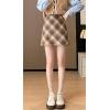 imagechouyatou Womens Fall Winter Mini Plaid Skirt High Waist Wool Blend Short ALine Bodycon Pencil SkirtKhaki