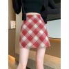 imagechouyatou Womens Fall Winter Mini Plaid Skirt High Waist Wool Blend Short ALine Bodycon Pencil SkirtRed