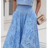 imagechouyatou Womens Hollow Out Eyelet Maxi Boho Skirt Back Smocked Waist Lace Floral Flowy Long Skirt with PocketsBlue