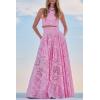 imagechouyatou Womens Hollow Out Eyelet Maxi Boho Skirt Back Smocked Waist Lace Floral Flowy Long Skirt with PocketsPink