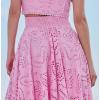 imagechouyatou Womens Hollow Out Eyelet Maxi Boho Skirt Back Smocked Waist Lace Floral Flowy Long Skirt with PocketsPink