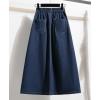 imagechouyatou Womens Retro Button Elastic Waist Denim Skirt ALine Pleated Midi Long Jean Skirt with PocketsDark Blue