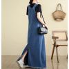 imagechouyatou Womens Sleeveless Denim Overall Dress Fringe Hem Slit Loose Baggy Maxi Long Bib Jumper DressBlue