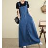 imagechouyatou Womens Sleeveless Denim Overall Dress Fringe Hem Slit Loose Baggy Maxi Long Bib Jumper DressBlue