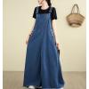imagechouyatou Womens Sleeveless Denim Overall Dress Fringe Hem Slit Loose Baggy Maxi Long Bib Jumper DressBlue