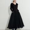 imagechouyatou Womens Sleeveless Denim Splicing Tulle Tutu Overall Dress Puffy Mesh Maxi Bib Jumper DressBlack