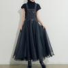 imagechouyatou Womens Sleeveless Denim Splicing Tulle Tutu Overall Dress Puffy Mesh Maxi Bib Jumper DressBlack