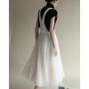 imagechouyatou Womens Sleeveless Denim Splicing Tulle Tutu Overall Dress Puffy Mesh Maxi Bib Jumper DressWhite