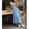 imagechouyatou Womens Summer Sleeveless Spaghetti Strap Smocked Denim Dress Sexy V Neck A Line Jean Midi DressBlue