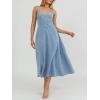 imagechouyatou Womens Summer Sleeveless Spaghetti Strap Smocked Denim Dress Sexy V Neck A Line Jean Midi DressBlue