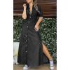imagechouyatou Womens Summmer Button Down Distressed Maxi Denim Shirt Dress Short Sleeve Flared Jean DressBlack