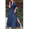 imagechouyatou Womens Summmer Button Down Distressed Maxi Denim Shirt Dress Short Sleeve Flared Jean DressDark Blue