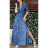 imagechouyatou Womens Summmer Button Down Distressed Maxi Denim Shirt Dress Short Sleeve Flared Jean DressLight Blue