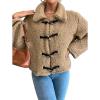 imagechouyatou Womens Warm Fall Winter Cropped Fleece Sherpa Jacket Lapel Short Teddy Faux Fur Horn Button CoatBrown