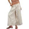 imagechouyatou Womens Boyfriend Baggy Jeans Flare Wide Leg Denim Pants Elastic Waist Button Pleated Capri Culotte JeansBeige White