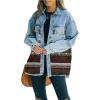 imagechouyatou Womens Ethnic Aztec Geometric Pattern Frayed Denim Jean Jacket ShacketsDark Red