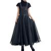 imagechouyatou Womens Sleeveless Denim Splicing Tulle Tutu Overall Dress Puffy Mesh Maxi Bib Jumper DressBlack