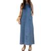 imagechouyatou Womens Summer Sleeveless Midi Long Denim Dress Casual Baggy Crewneck Jean Tank DressesBlue
